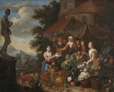 Vendere ortaggi e fiori in una bancarella del mercato italiano. da Circle of Norbert van Bloemen