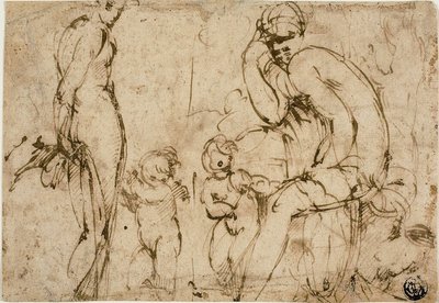 Venere e Marte con putti (recto); uomo barbuto in movimento verso destra (verso) da Circle of Parmigianino