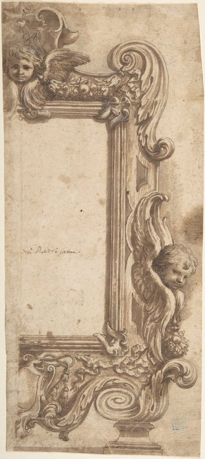 Progetto per una mezza cornice decorata con angeli, volute e ghirlande da Ciro Ferri.