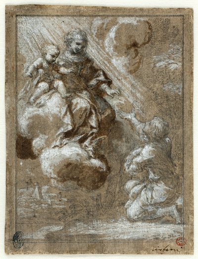 La Madonna e il Bambino in gloria appaiono a un giovane inginocchiato da Ciro Ferri