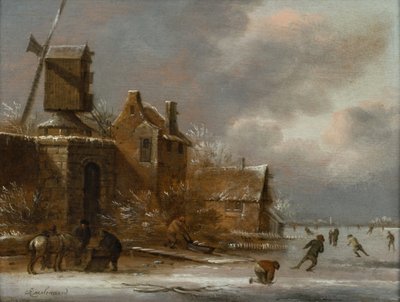 Paesaggio invernale con pattinatori su un fiume ghiacciato fuori da un villaggio da Claes (1630 76) Molenaer