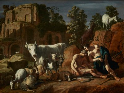 Olandese: Mercurio si prepara a decapitare Argus addormentato Mercurio e Argus circondati da animali in un paesaggio da Claes Corneliszoon Moeyaert