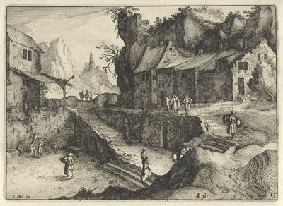 Villaggio di montagna con case e scale da Claes Jansz. Visscher (II)