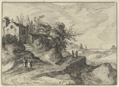 Cappella su una strada di campagna tortuosa (serie: Paesaggi olandesi, Amaeniores Aliquot Regiunculae) da Claes Jansz. Visscher (II)