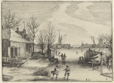 Cantiere navale su un canale ghiacciato (serie: Paesaggi olandesi, Amaeniores Aliquot Regiunculae) da Claes Jansz. Visscher (II)