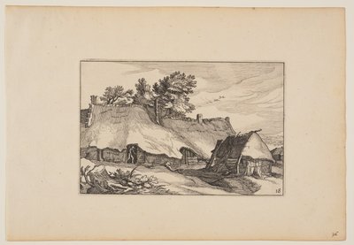 Una fattoria, uomo alla porta, da Paesaggi (Verscheyden aerdige Lanthuysen...) da Claes Jansz. Visscher