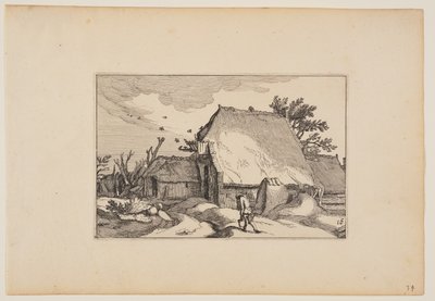 Una fattoria, uomo con due secchi sul sentiero di fronte, da Paesaggi (Verscheyden aerdige Lanthuysen...) da Claes Jansz. Visscher