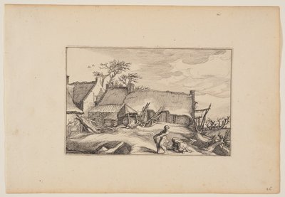 Una casa colonica, uomo che porta un cesto in primo piano, da Paesaggi (Verscheyden aerdige Lanthuysen...) da Claes Jansz. Visscher