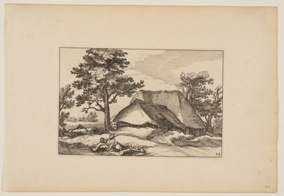 Fienili, mandria a riposo e cane in primo piano, da Paesaggi (Verscheyden aerdige Lanthuysen...) da Claes Jansz. Visscher