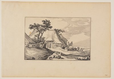 Fienili, uomo a riposo con cesto di uova in primo piano, da Paesaggi (Verscheyden aerdige Lanthuysen...) da Claes Jansz. Visscher