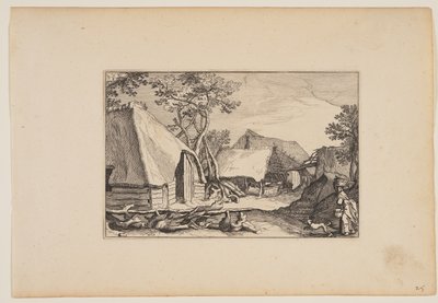 Fienili, donna e cane in primo piano a destra, da Paesaggi (Verscheyden aerdige Lanthuysen...) da Claes Jansz. Visscher