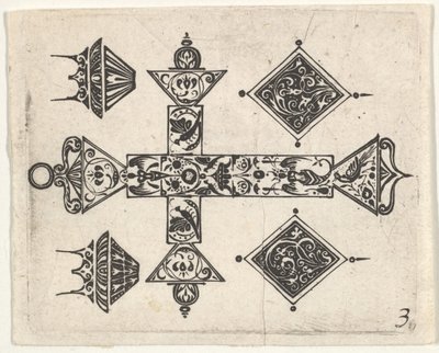 Stampa in nero con una croce latina e quattro motivi, ca. 1620 da Claes Jansz Visscher