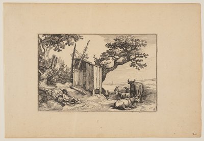 Fienile fatiscente con mandria e bestiame, da Paesaggi (Verscheyden aerdige Lanthuysen...) da Claes Jansz. Visscher