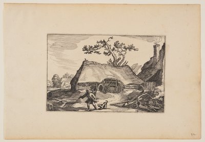 Fattoria con capannone per il carro, uomo con cane che abbaia, da Paesaggi da Claes Jansz. Visscher