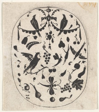 Stampa Blackwork Ovale con Uccelli, Insetti e Frutti, ca. 1620 da Claes Jansz Visscher