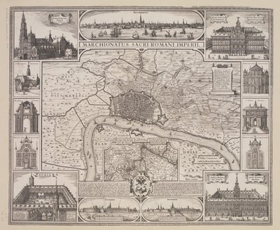Piano di Anversa con prospetto della città e degli edifici principali da Claes Jansz. Visscher