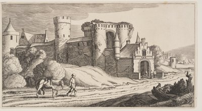 Un contadino con un cavallo su una strada vicino alle mura della città, da Paesaggi (Playsante Lantschappen) da Claes Jansz. Visscher II