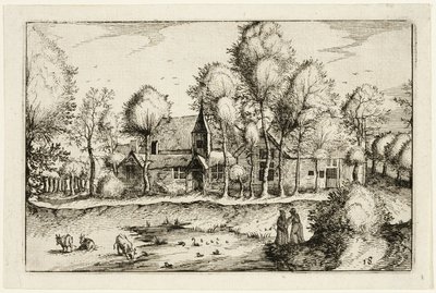 Uno stagno, tavola diciotto dopo Immagini di fattorie, case di campagna e villaggi rustici (Praediorum villarum et rusticarum casularum icones) da Claes Jansz. Visscher II