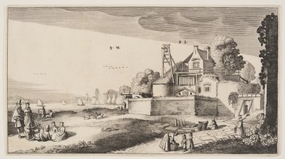Campo di sbiancamento davanti a un forte su un fiume, da Paesaggi (Playsante Lantschappen) da Claes Jansz. Visscher II