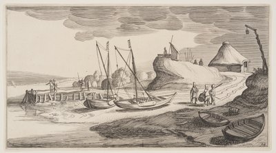 Barche a riva vicino a una torre di guardia, da Paesaggi (Playsante Lantschappen) da Claes Jansz. Visscher II