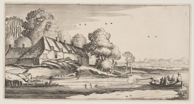 Tiro alle anatre da una barca a remi vicino a una fattoria, da Paesaggi (Playsante Lantschappen) da Claes Jansz. Visscher II