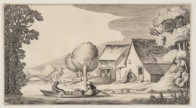 Contadino e contadina su una barca a remi, da Paesaggi (Playsante Lantschappen) da Claes Jansz. Visscher II
