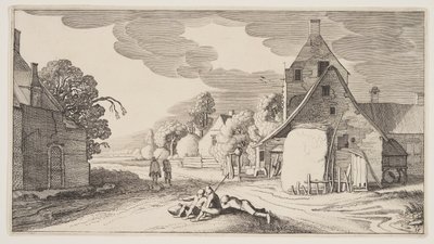Tre contadini che riposano al bivio di un villaggio, da Paesaggi (Playsante Lantschappen) da Claes Jansz. Visscher II