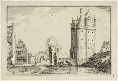 Porta della città, tavola due dopo Immagini di fattorie, case di campagna e villaggi rustici (Praediorum villarum et rusticarum casularum icones) da Claes Jansz. Visscher II