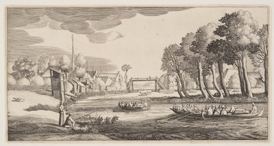 Viaggiatori in barca a remi che si avvicinano a un villaggio, da Paesaggi (Playsante Lantschappen) da Claes Jansz. Visscher II