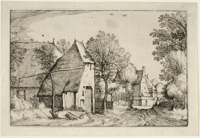 Strada del villaggio, terza tavola dopo Immagini di fattorie, case di campagna e villaggi rustici (Praediorum villarum et rusticarum casularum icones) da Claes Jansz. Visscher II