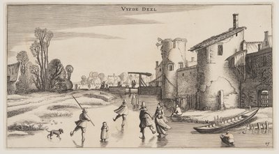 Paesaggio invernale con pattinatori lungo un muro di città, da Paesaggi (Playsante Lantschappen) da Claes Jansz. Visscher II