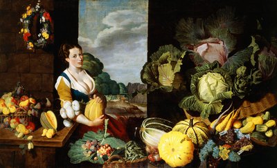 Una giovane donna a una bancarella di frutta e verdura da Claes van Heussen