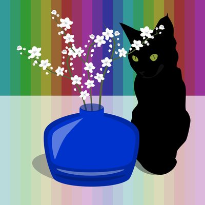 Vaso di Vetro Blu con Fiori e Gatto Nero da Claire Huntley