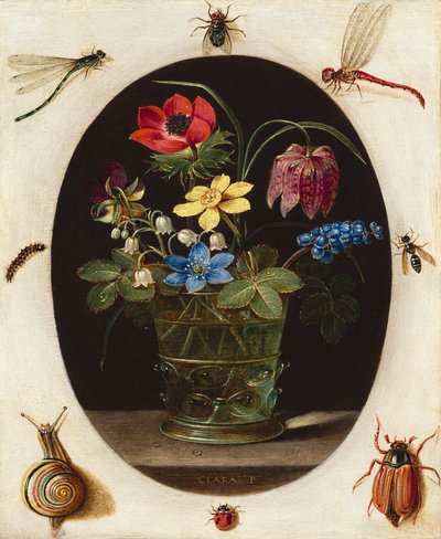 Natura morta con fiori circondati da insetti e una lumaca, 1610 circa (olio su rame) da Clara Peeters