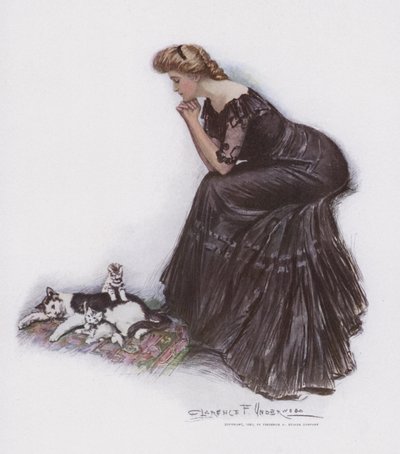 Donna che osserva un gatto e i suoi gattini da Clarence F. Underwood