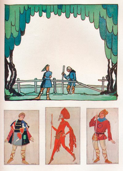 Scenografia per Come vi piace Atto I, Scena I e Costumi di Amiens e Lebeau, 1919 da Claud Lovat Fraser