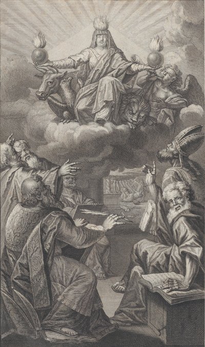 Figura allegorica che appare sulle nuvole mentre un gruppo di uomini radunati sotto guarda in alto da Claude Augustin Duflos