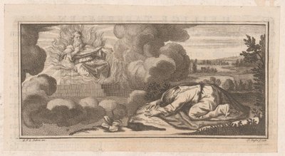 Rappresentazione allegorica o biblica con figura inginocchiata davanti a uomo su trono con fiamme da Claude Augustin Duflos
