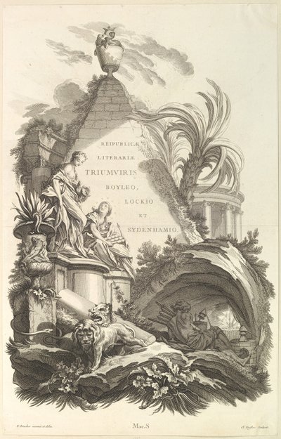 Frontespizio per il Tombeau di Boyle, Locke e Sydenham, ca. 1736 da Claude Augustin Duflos