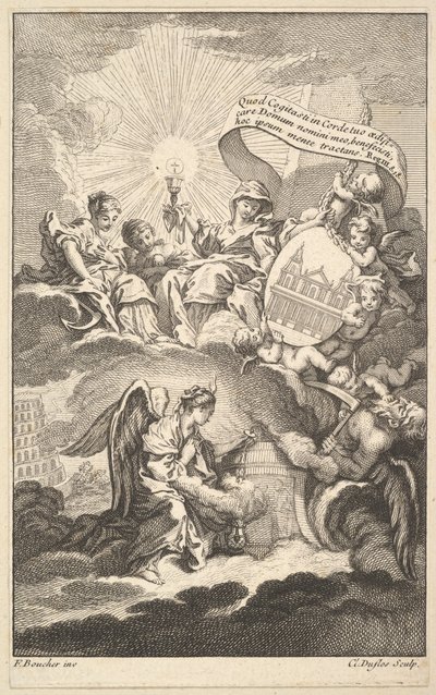 Frontespizio, da La costruzione di St. Sulpice di Alexis Piron da Claude Augustin Duflos