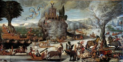I quattro elementi: Acqua. Scena di paesaggio invernale, Re Luigi XIII è rappresentato come Nettuno, Anna d