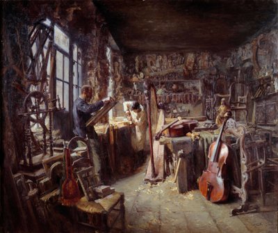Un restauratore nel suo laboratorio pieno di strumenti da Claude Firmin