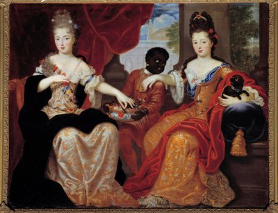 Ritratti di Mademoiselle de Blois e Mademoiselle de Nantes servite dal loro servo nero da Claude Francois Vignon
