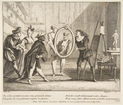 Pierrot e Scaramouche mostrano il ritratto di Arlecchino da Claude Gillot, Jacques Gabriel Huquier