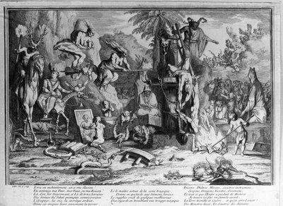 Cerimonie del sabba, demoni, streghe e creature mostruose che danzano. Incisione di Gillot da Claude Gillot