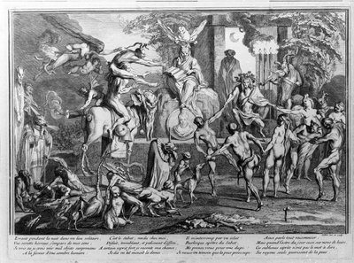 Cerimonia del sabba, demoni, streghe e creature mostruose che danzano. Incisione di Gillet da Claude Gillot