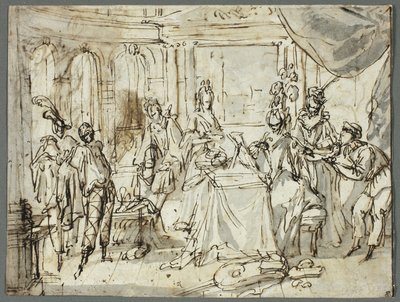 Gli attori che si preparano (recto); Studi della Sacra Famiglia e di San Giovanni Battista (verso) da Claude Gillot