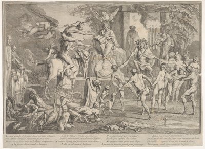 Sabba delle streghe, in un paesaggio notturno, un negromante seduto in alto centro da Claude Gillot