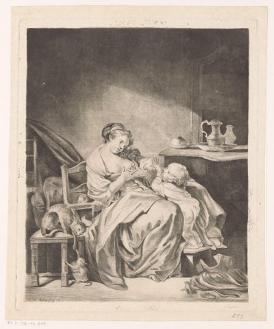 Interno con una donna seduta che allatta il suo bambino da Claude Henri Watelet