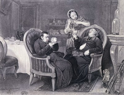Dopocena: Due preti prendono caffè e digestivo, serviti dalla loro domestica da Claude Jacquand